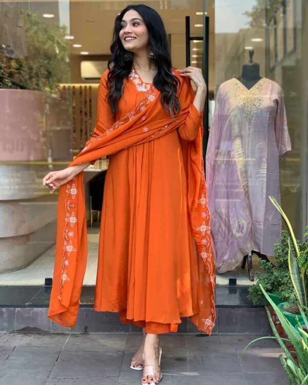 GoSriKi Women's Rayon Blend Anarkali Thread Work Kurta with Pant & Dupatta - Image 3