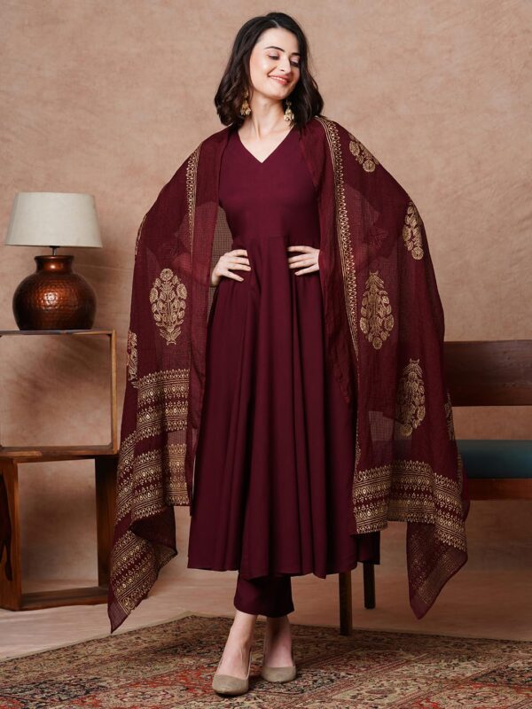 GoSriKi Women's Rayon Blend Solid Anarkali Kurta with Pant & Dupatta - Image 9