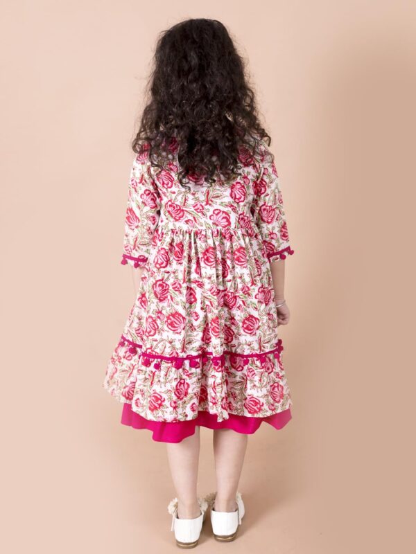 Pspeaches Girls Magenta Floral A-Line Cotton Below The Knee Dress with Attached Shrug - Image 4