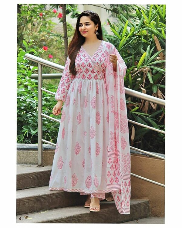 MEERA FAB Women's Cotton Printed White Anarkali Kurta with Palazzo & Dupatta Set - Image 3