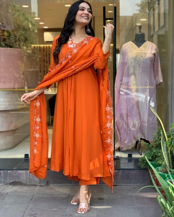 GoSriKi Women's Rayon Blend Anarkali Thread Work Kurta with Pant & Dupatta - Image 4