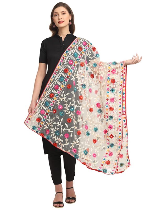 Glamika White Colour Net Embroidered Fancy Phulkari Dupatta for women (White, 2.2 meters) - Image 7
