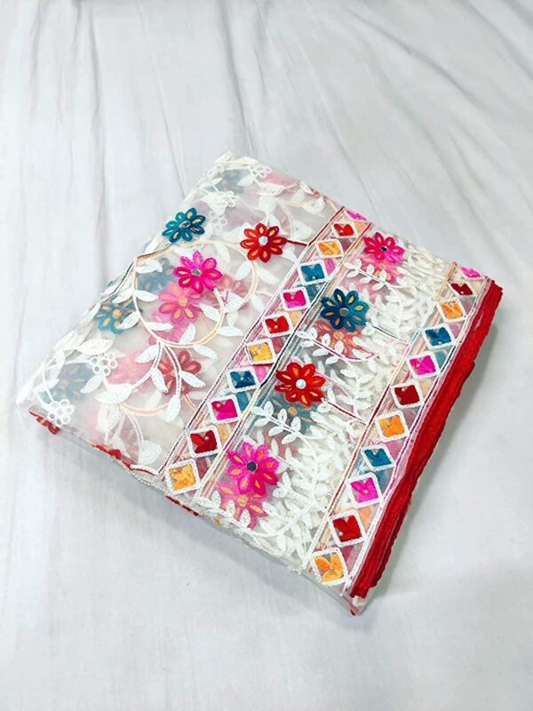 Glamika White Colour Net Embroidered Fancy Phulkari Dupatta for women (White, 2.2 meters) - Image 6