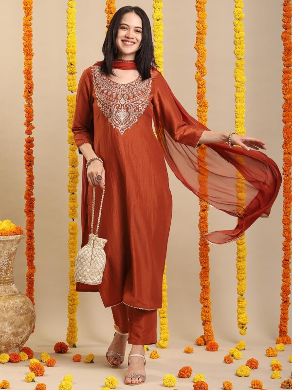 GoSriKi Women's Rayon Viscose Embroidered Straight Kurta with Pant & Dupatta - Image 8