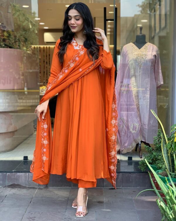 GoSriKi Women's Rayon Blend Anarkali Thread Work Kurta with Pant & Dupatta - Image 5