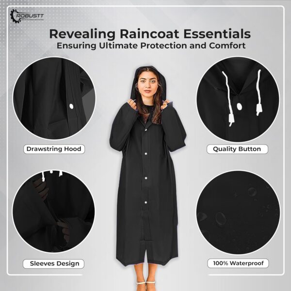 Robustt Unisex Raincoat With Hood - Black (Pack of 1) | Waterproof Rain Poncho | EVA Material | - Image 7
