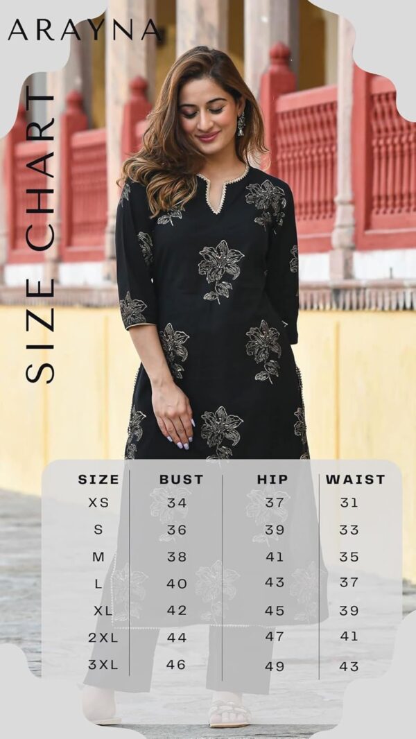 Arayna Women's Gold Printed Rayon Black Kurta Set with Ethnic Palazzo Pants - Image 8