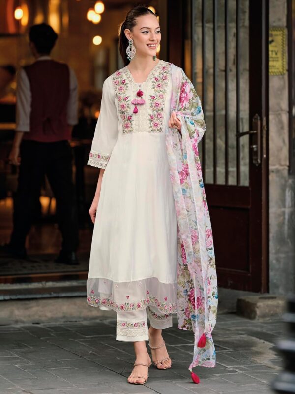 INDO ERA Women's Silk Blend Embroidered A-Line Kurta Pant with Dupatta Set - Image 8