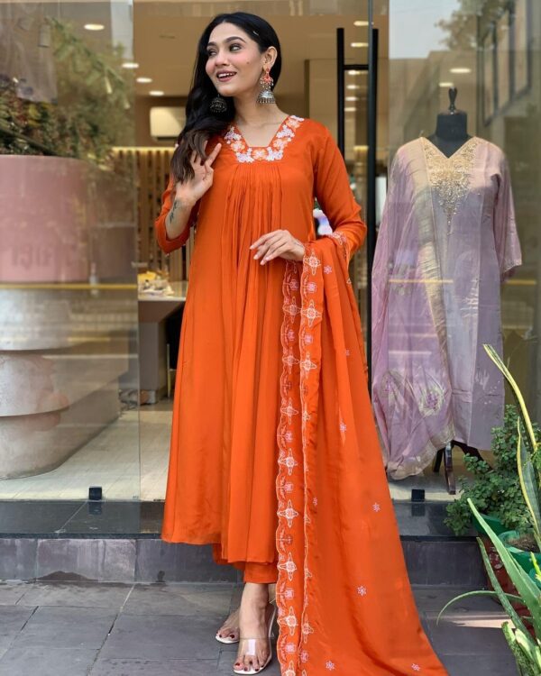 GoSriKi Women's Rayon Blend Anarkali Thread Work Kurta with Pant & Dupatta - Image 10