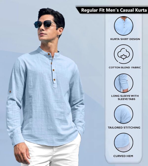 Zombom Cotton Blend Solid Casual Regular Fit Mandarin/Chinese Collor Short Kurta for Men - Image 3
