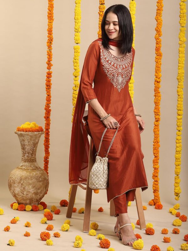GoSriKi Women's Rayon Viscose Embroidered Straight Kurta with Pant & Dupatta - Image 10