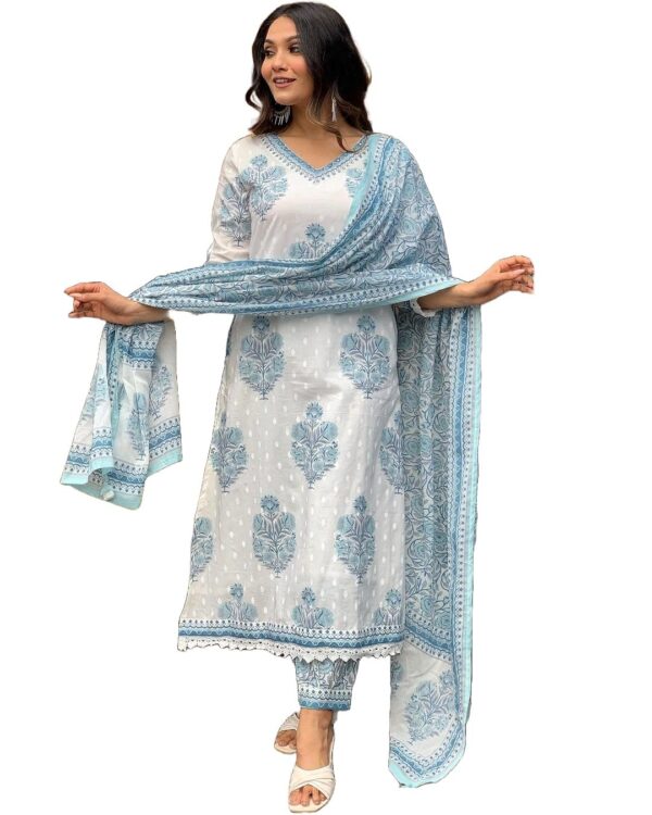 Nermosa Women Cotton Block Printed Kurta Pant With Dupatta - Image 2
