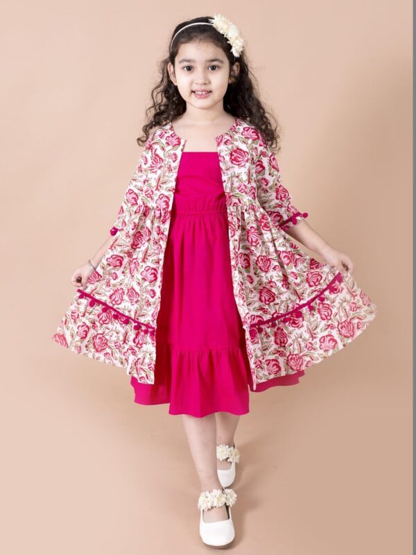 Pspeaches Girls Magenta Floral A-Line Cotton Below The Knee Dress with Attached Shrug - Image 2