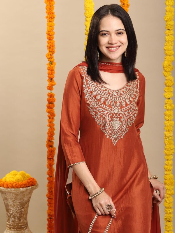 GoSriKi Women's Rayon Viscose Embroidered Straight Kurta with Pant & Dupatta - Image 6