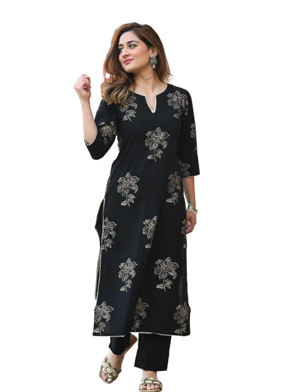 Arayna Women's Gold Printed Rayon Black Kurta Set with Ethnic Palazzo Pants - Image 2
