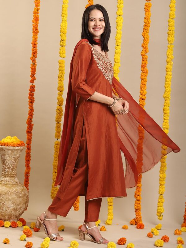 GoSriKi Women's Rayon Viscose Embroidered Straight Kurta with Pant & Dupatta - Image 5