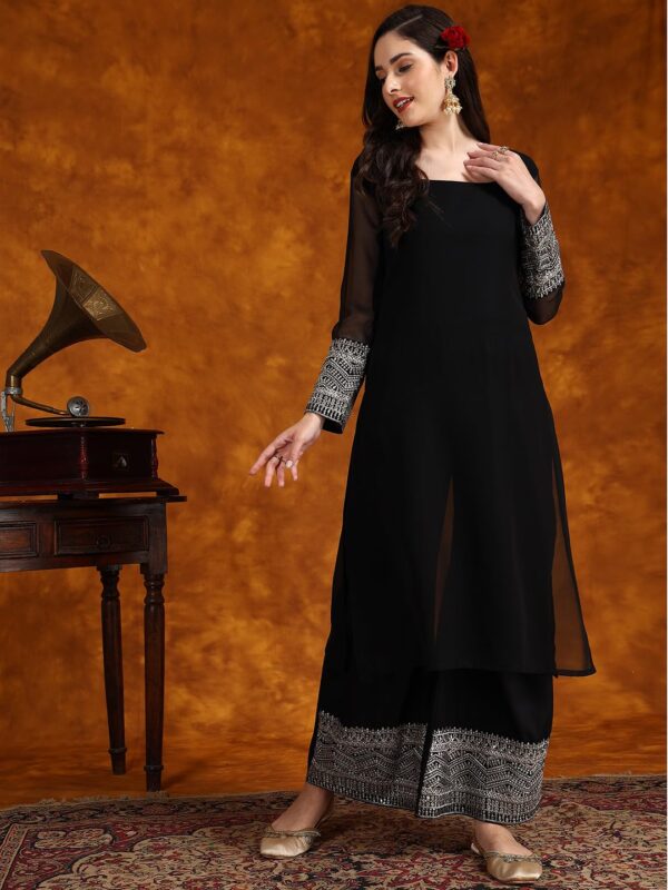 EthnicJunction Women's Georgette Embridered Kurta Palazzo and Dupatta Set - Image 4