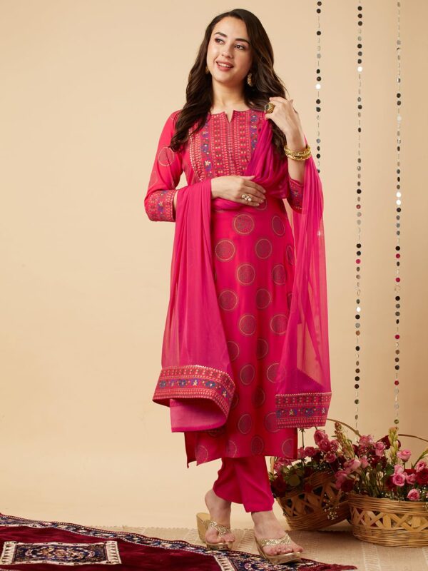 GoSriKi Women's Cotton Blend Straight Printed Kurta with Pant & Dupatta - Image 8