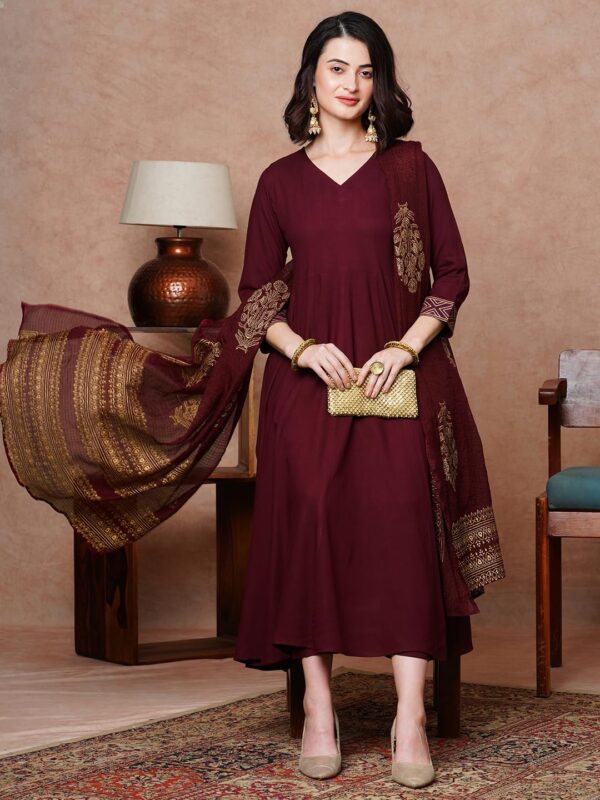 GoSriKi Women's Rayon Blend Solid Anarkali Kurta with Pant & Dupatta - Image 8