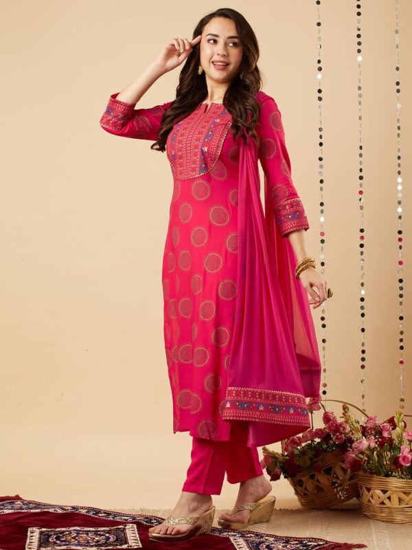 GoSriKi Women's Cotton Blend Straight Printed Kurta with Pant & Dupatta - Image 4