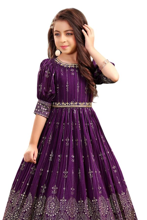 White Button New Wine Ethnic Long Party Kids Gown for Girls Maxi Dress - Image 3