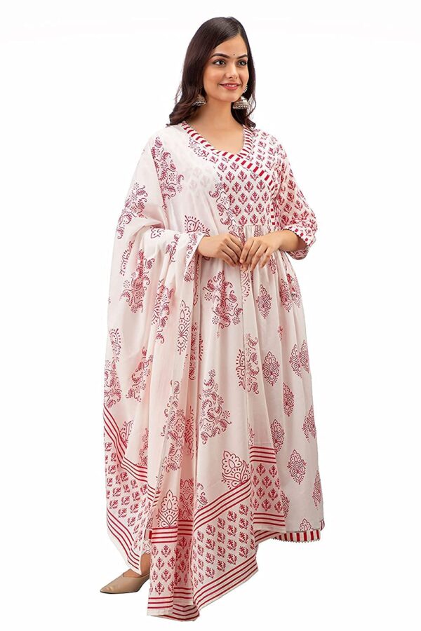 MEERA FAB Women's Cotton Printed White Anarkali Kurta with Palazzo & Dupatta Set - Image 4