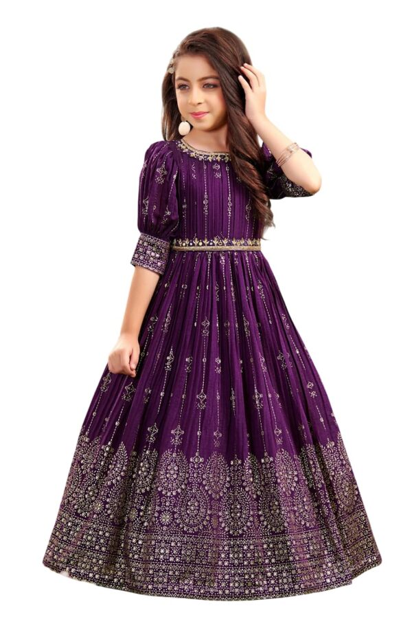 White Button New Wine Ethnic Long Party Kids Gown for Girls Maxi Dress - Image 2