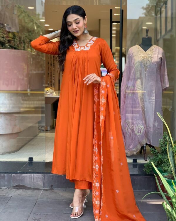 GoSriKi Women's Rayon Blend Anarkali Thread Work Kurta with Pant & Dupatta - Image 8