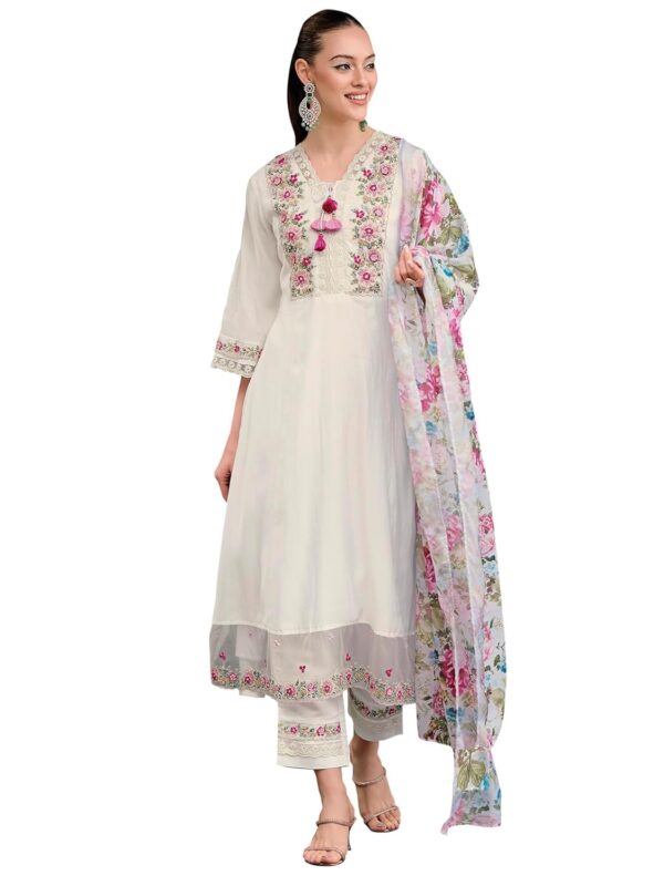 INDO ERA Women's Silk Blend Embroidered A-Line Kurta Pant with Dupatta Set - Image 2