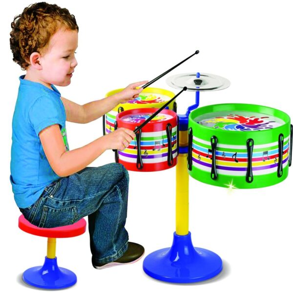 Toyztrend Jazz Drum Set Senior Musical Band Instruments with 3 Drums, 1 Dish, 1 Stool & Sticks for - Image 2