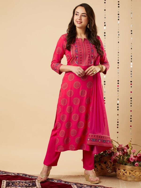 GoSriKi Women's Cotton Blend Straight Printed Kurta with Pant & Dupatta - Image 9