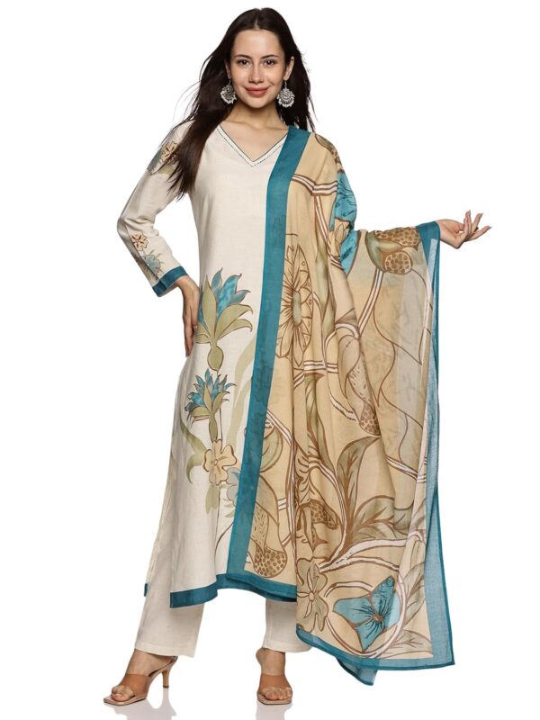 RAJMANDIRFABRICS Women's Cotton Hand Block Printed with Thread Work Straight Kurta Pant with Dupatta - Image 2