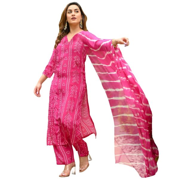 ANNI DESIGNER Women's Rayon Blend Straight Bandhej Printed Kurta with Pant & Dupatta - Image 2