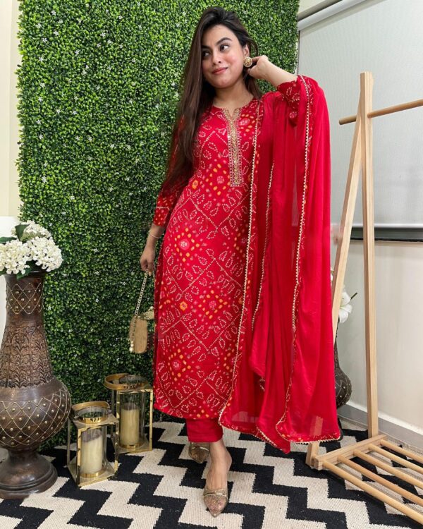 GoSriKi Women's Rayon Viscose Straight Bandhej Printed Kurta with Pant & Dupatta - Image 4