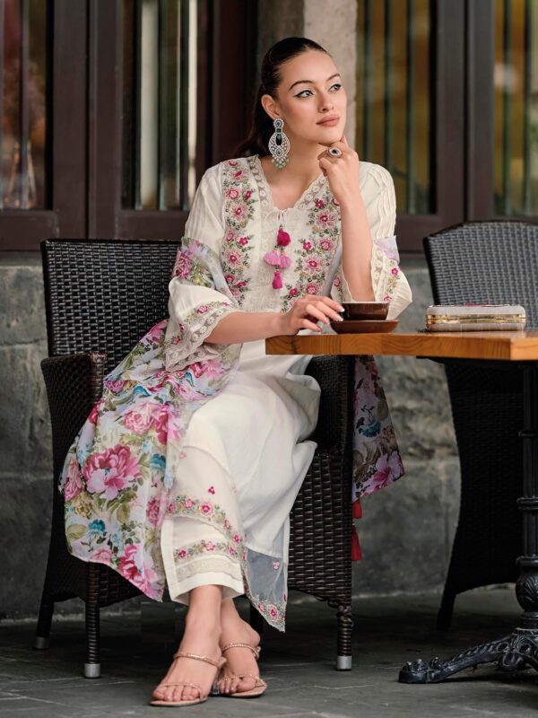 INDO ERA Women's Silk Blend Embroidered A-Line Kurta Pant with Dupatta Set - Image 4