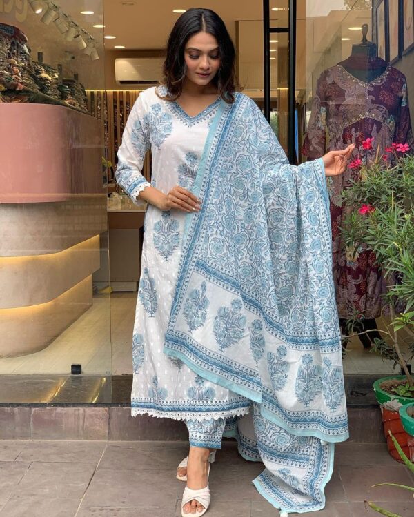 Nermosa Women Cotton Block Printed Kurta Pant With Dupatta - Image 7