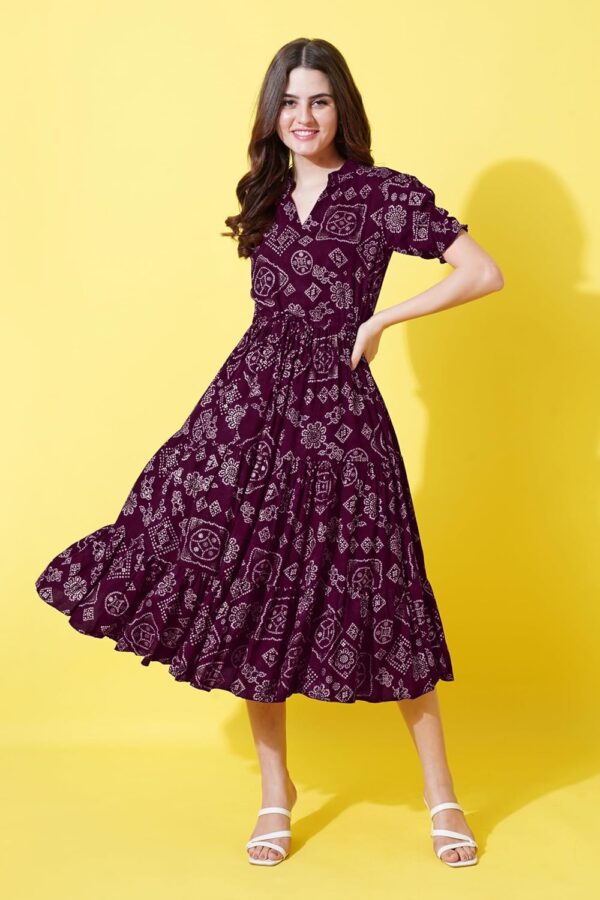 flowervelly Dress for Women Printed Midi Dress with V-Neck, Puffed Sleeves - Image 3