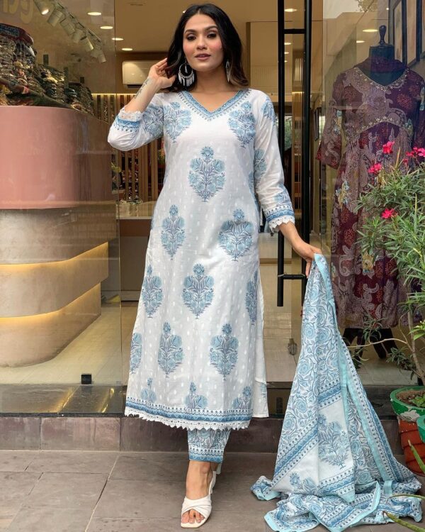 Nermosa Women Cotton Block Printed Kurta Pant With Dupatta - Image 4