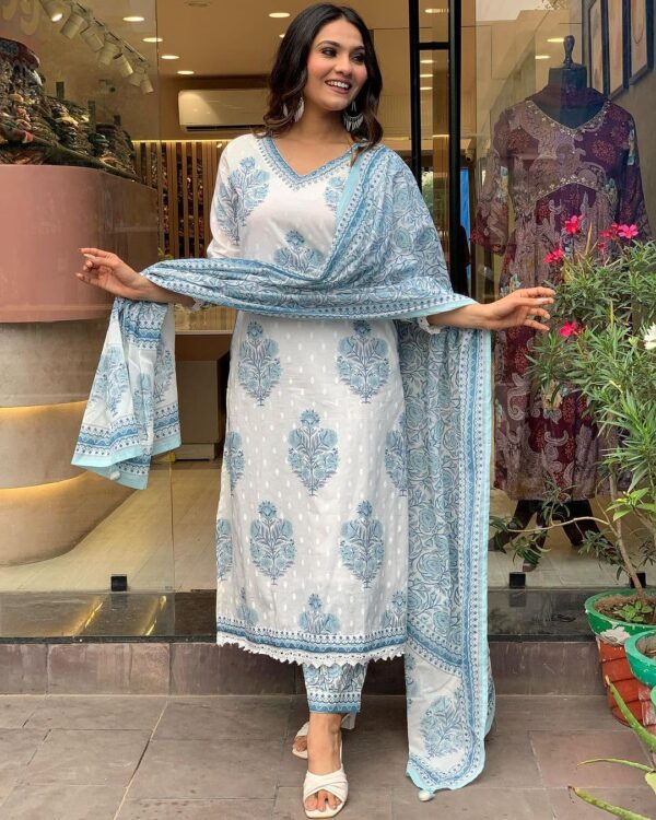 Nermosa Women Cotton Block Printed Kurta Pant With Dupatta - Image 3