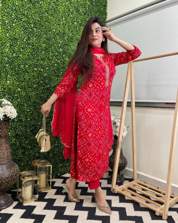 GoSriKi Women's Rayon Viscose Straight Bandhej Printed Kurta with Pant & Dupatta - Image 5