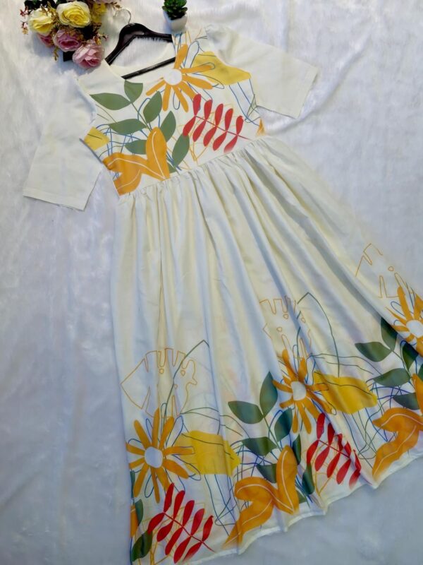 eightone Women Floral Print Cotton Midi Dress, Short Sleeve, White with Yellow and Red Flowers, - Image 2