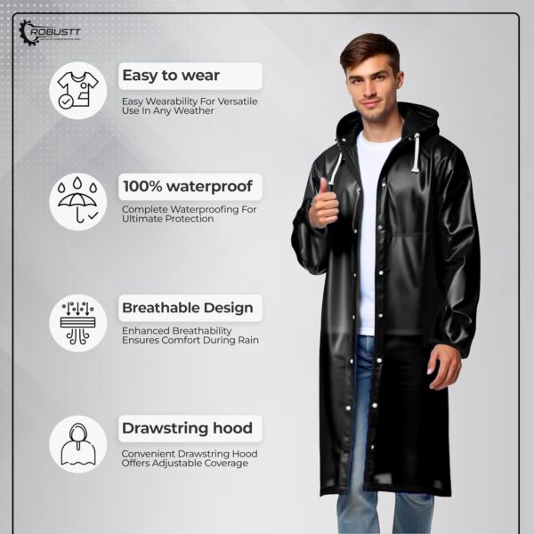 Robustt Unisex Raincoat With Hood - Black (Pack of 1) | Waterproof Rain Poncho | EVA Material | - Image 3