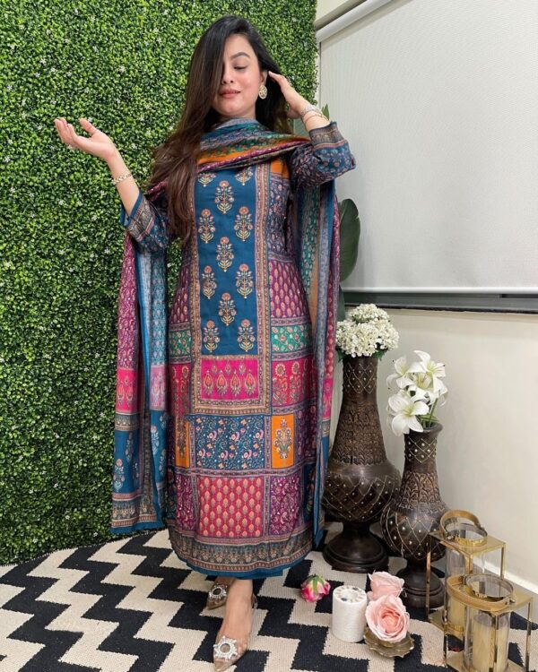 GoSriKi Women's Silk Blend Straight Printed Kurta with Pant & Dupatta - Image 3