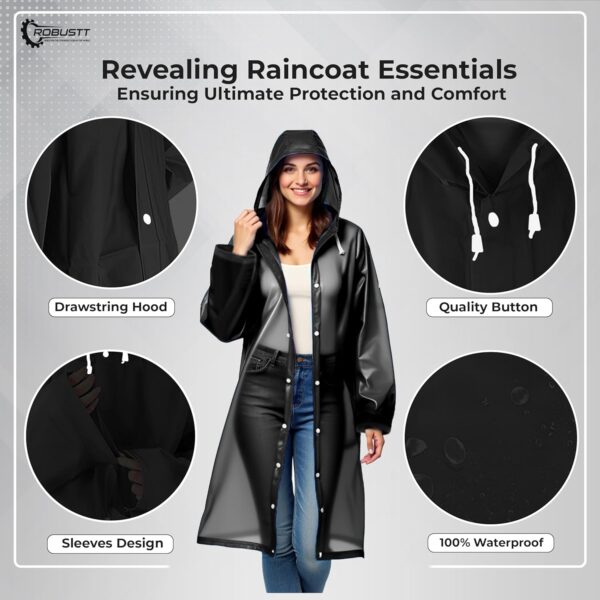 Robustt Unisex Raincoat With Hood - Black (Pack of 1) | Waterproof Rain Poncho | EVA Material | - Image 4