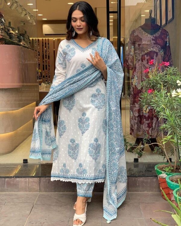 Nermosa Women Cotton Block Printed Kurta Pant With Dupatta - Image 6