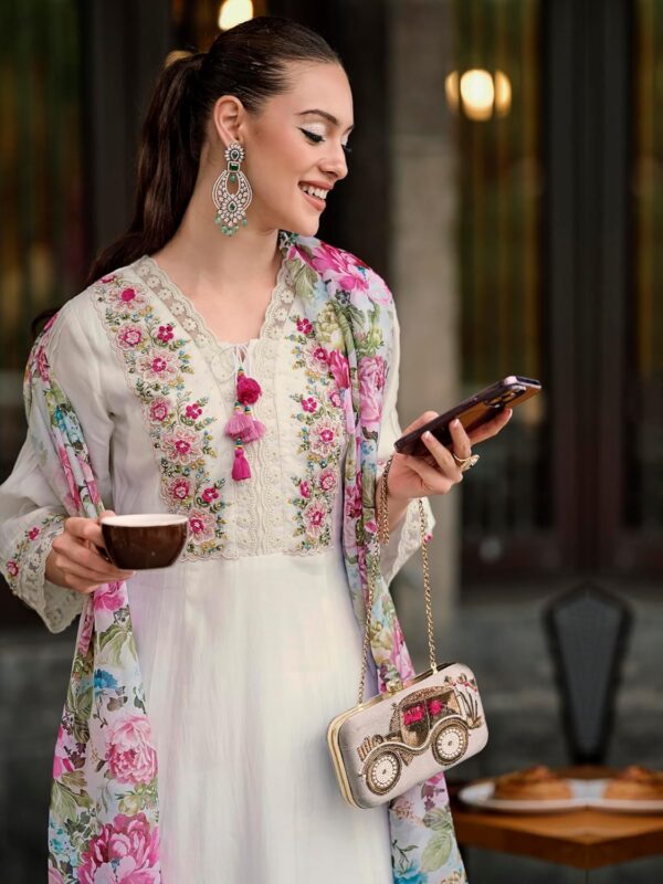 INDO ERA Women's Silk Blend Embroidered A-Line Kurta Pant with Dupatta Set - Image 3