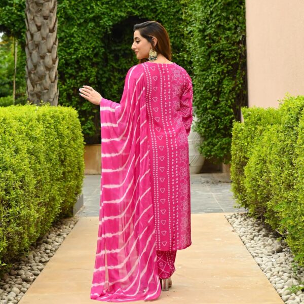 ANNI DESIGNER Women's Rayon Blend Straight Bandhej Printed Kurta with Pant & Dupatta - Image 3