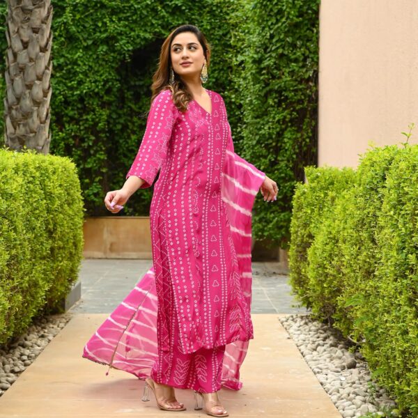 ANNI DESIGNER Women's Rayon Blend Straight Bandhej Printed Kurta with Pant & Dupatta - Image 5