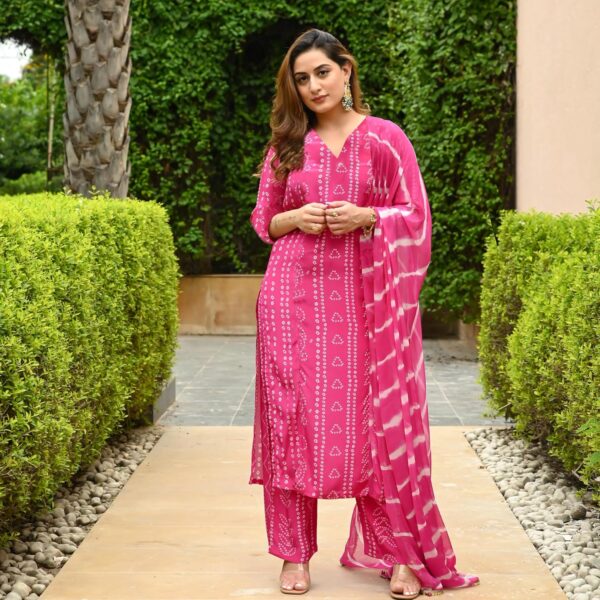 ANNI DESIGNER Women's Rayon Blend Straight Bandhej Printed Kurta with Pant & Dupatta - Image 8