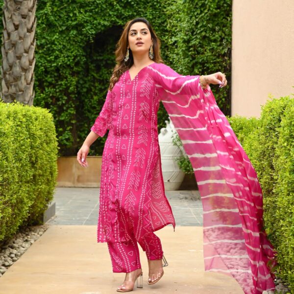 ANNI DESIGNER Women's Rayon Blend Straight Bandhej Printed Kurta with Pant & Dupatta - Image 4